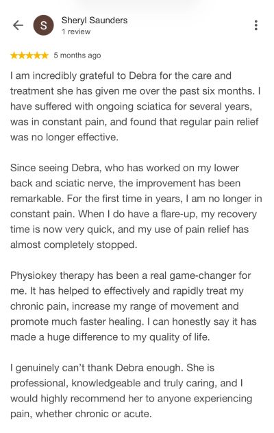 Positive testimonial about Debra's effective treatment for chronic pain.
