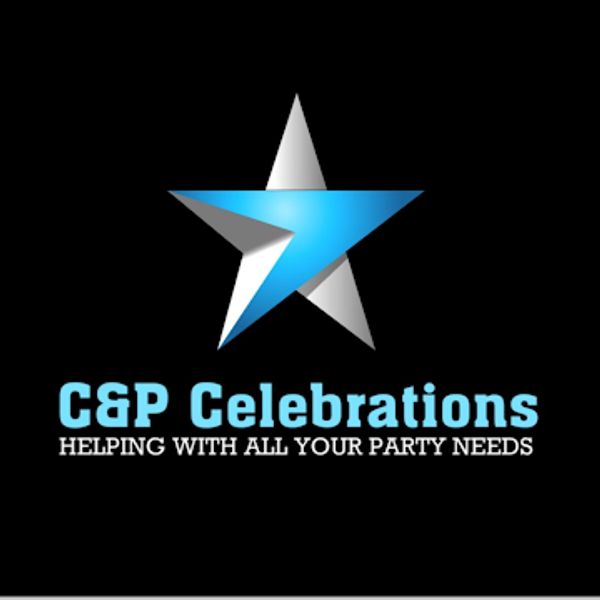Logo for C&P Celebrations with a blue and silver star and party service tagline.