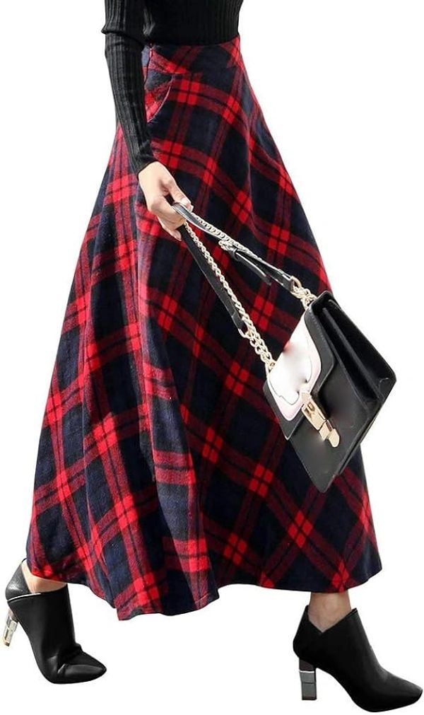 Long Plaid Wool Skirts for Womens High Waist Aline Pleated.