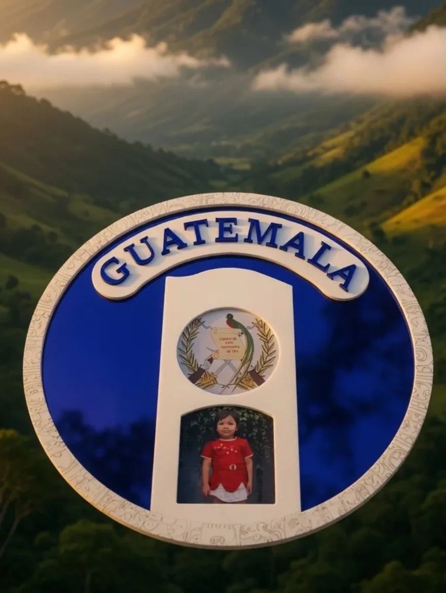 A circular emblem with the word Guatemala and a child's photo in the center.