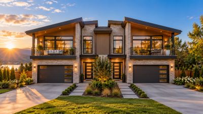 Modern two-story duplex investment property at sunset