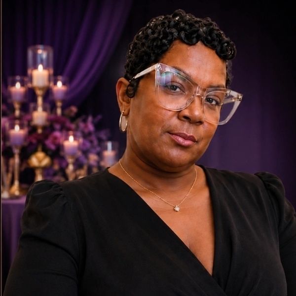 Woman with short curly hair and glasses in a black top.