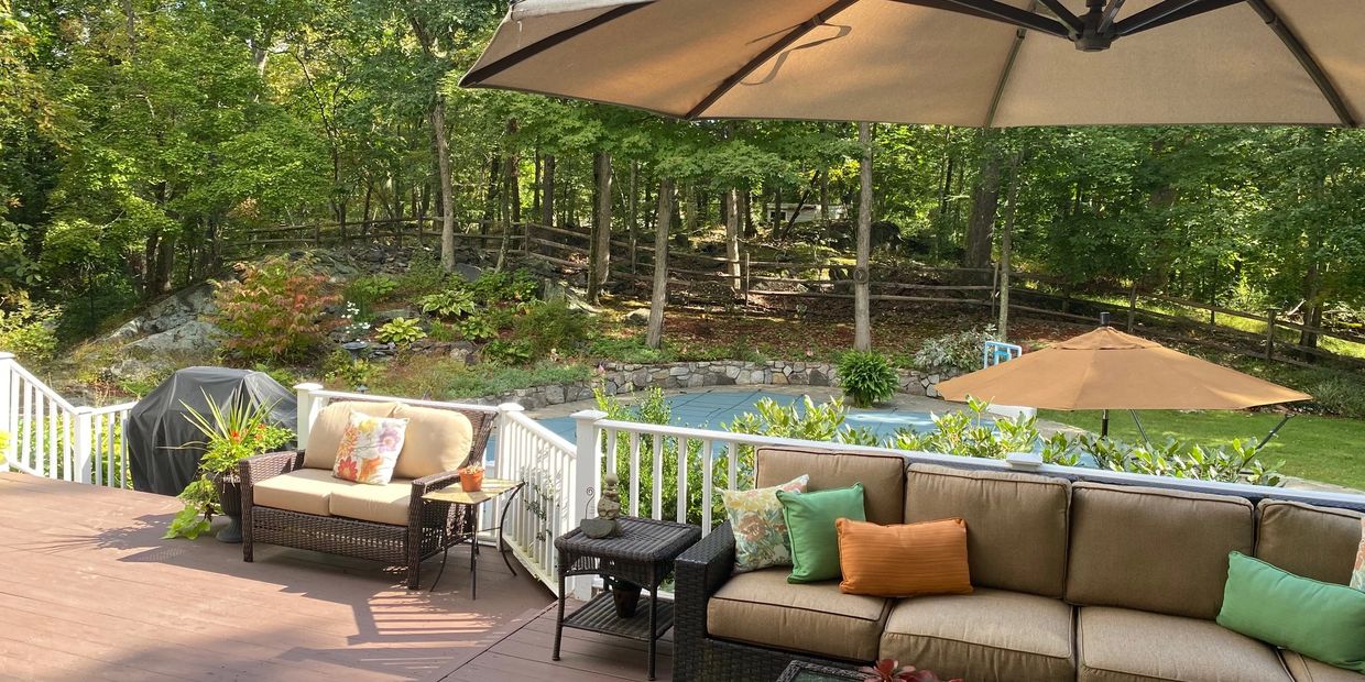 Yorktown, New York home sale. Outdoor pool oasis.