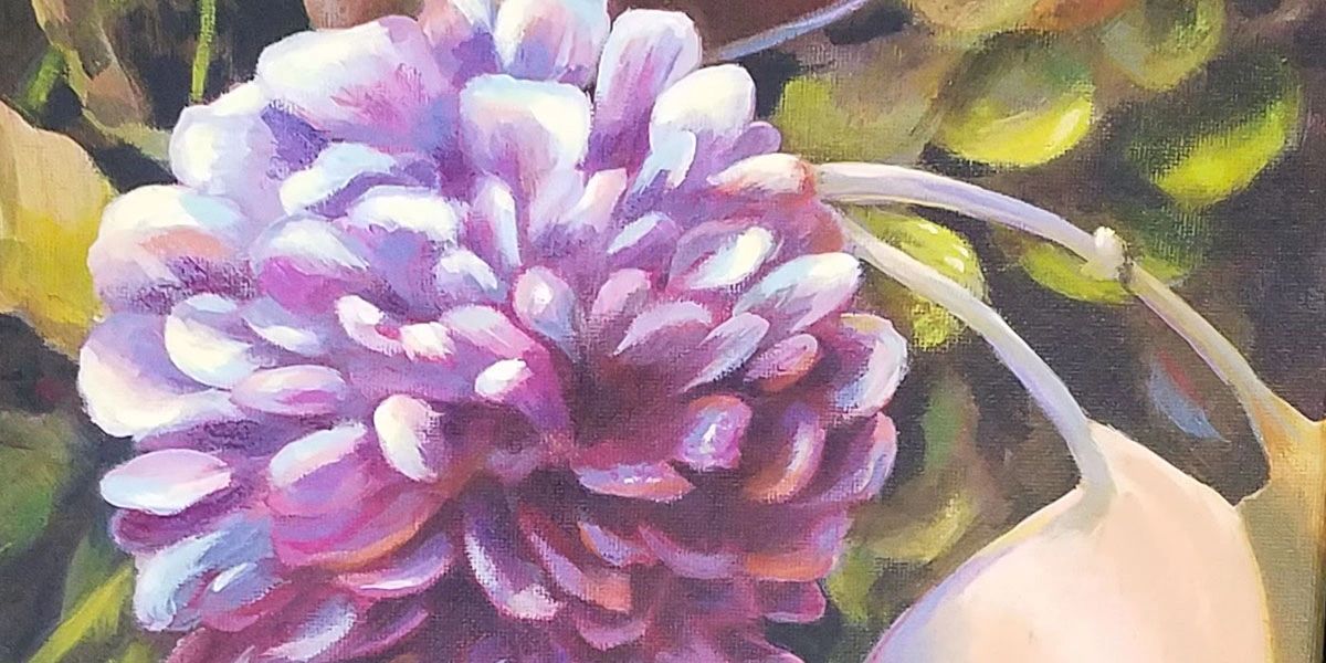 Close-up of a purple flower painting.