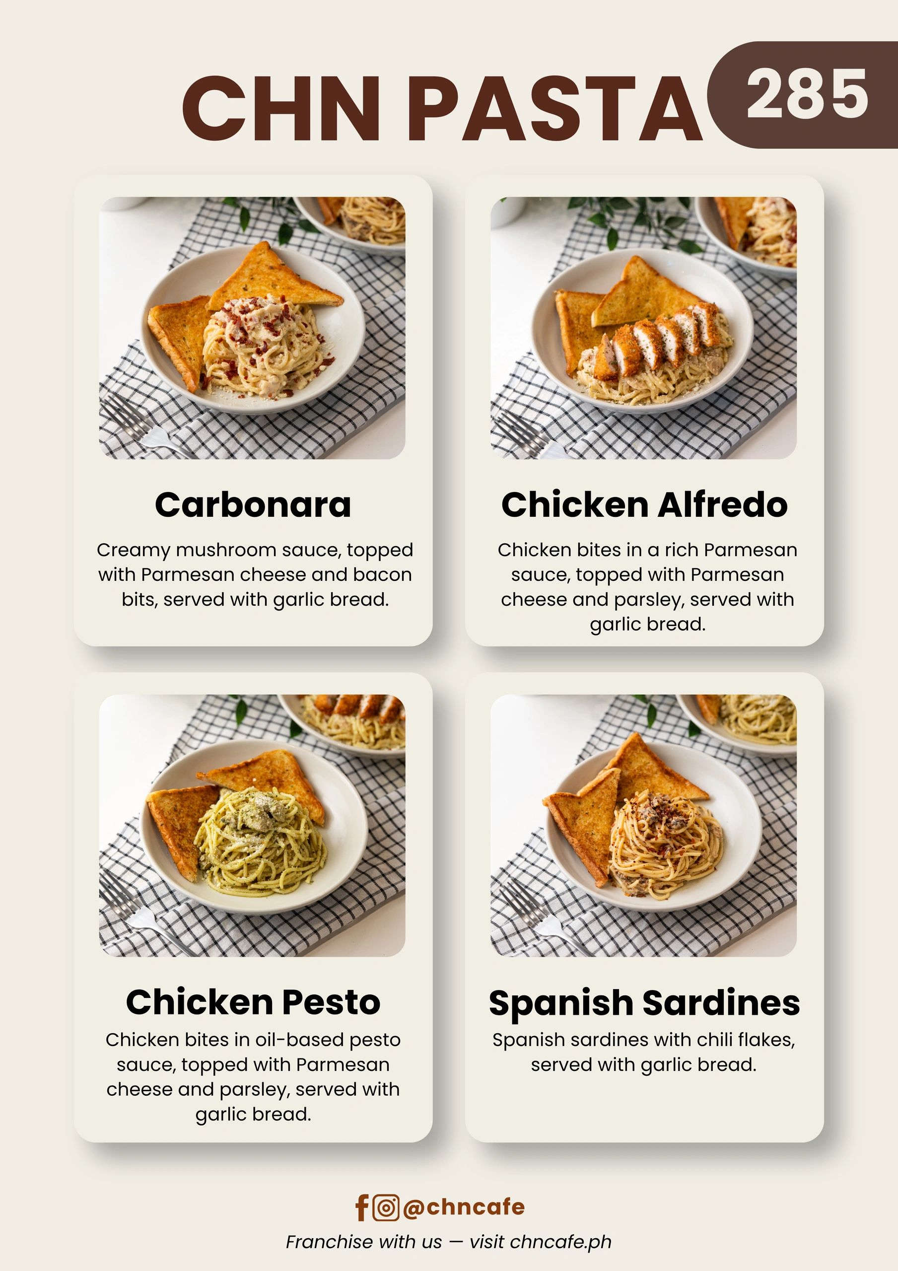 Four pasta dishes served with garlic bread at CHN PASTA.