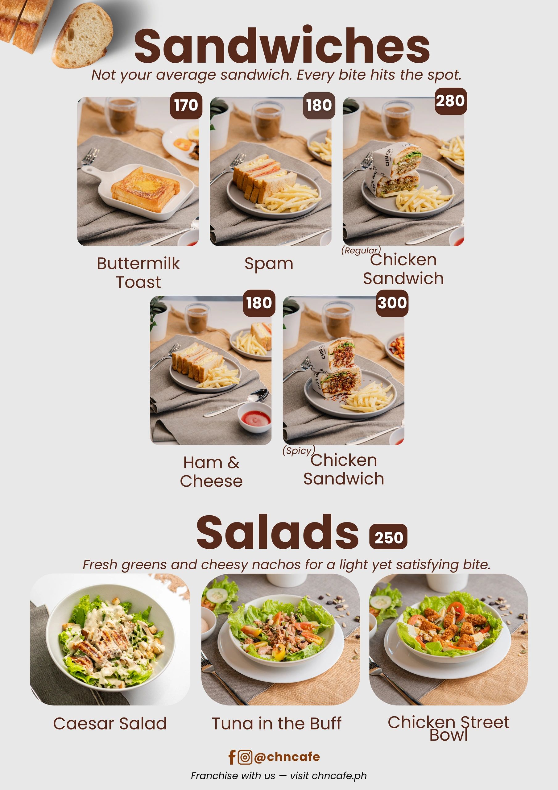 Menu showcasing sandwiches and salads with prices.