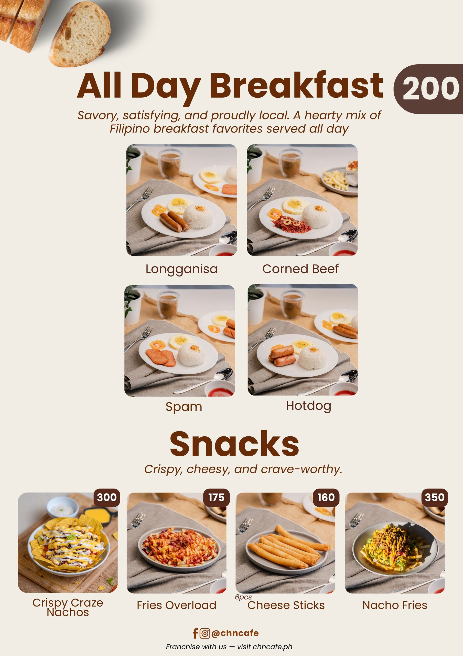 Filipino all-day breakfast and snacks menu with prices.