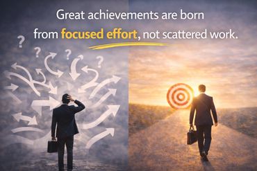 visual representing the journey from scattered attempts to a single focused path leading to success.