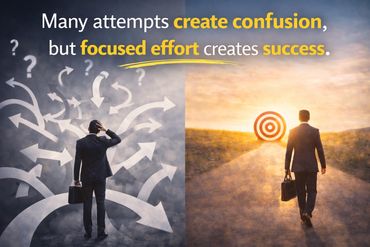 scattered ideas turning into one clear path, difference between confusion and focused success.