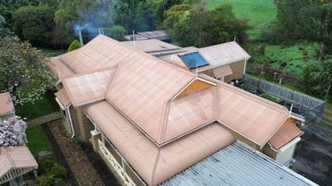 Aerial view of a house with a tan corrugated metal roof and surrounding greenery.