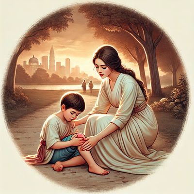 A mother soothing her child after a fall on his bicycle.