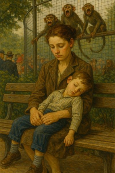 A mother holding a sleeping child at a noisy zoo.