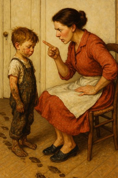 A mother scolding a her son after he tracks mud in the house.
