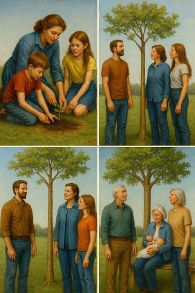 A mother planting a seed with her children and watching it grow over the years.