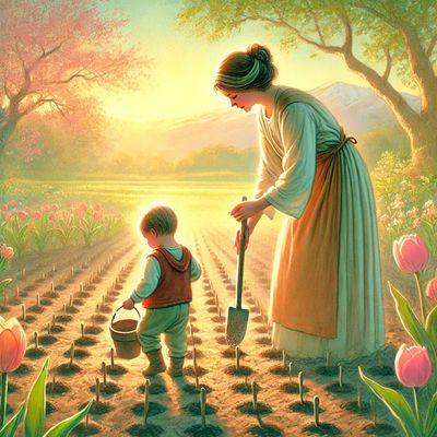 A mother and child planting seeds, symbolizing patience, purpose, and trust in God’s promise.