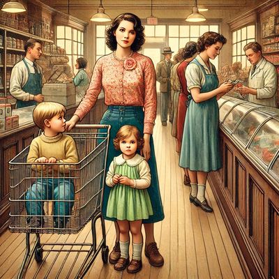 A mother managing her children in a busy grocery line through love and calm endurance.