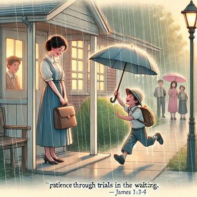 A mother patiently waiting in the rain, reflecting strength through trials and love that endures.