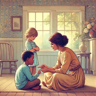 A mother gently guides her children in love and patience, embodying meekness and suffering.