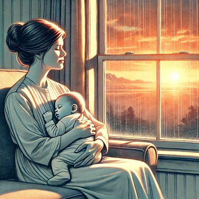 A mother resting in quiet hope, gazing out at the sunrise with trust in what is yet to come.