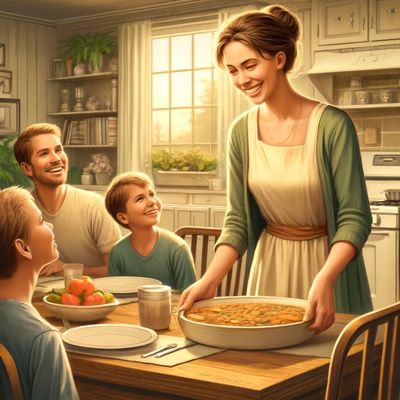 A mother joyfully serving her family, reflecting the heart of Christ’s servant leadership.