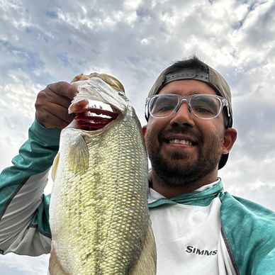 Man holding a large fish with a cloudy sky background.