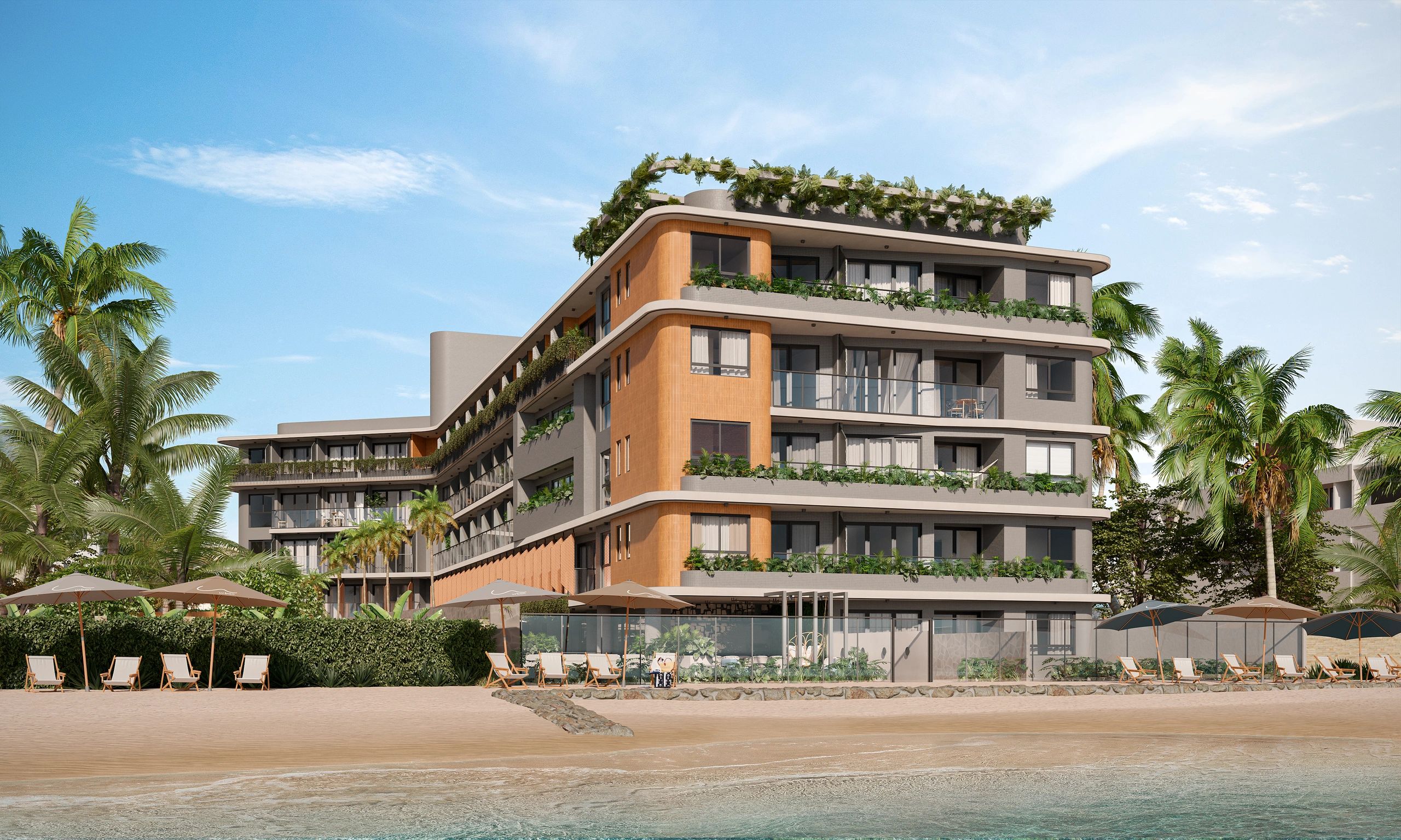 Modern beachfront hotel with balconies and lush greenery under clear blue sky.