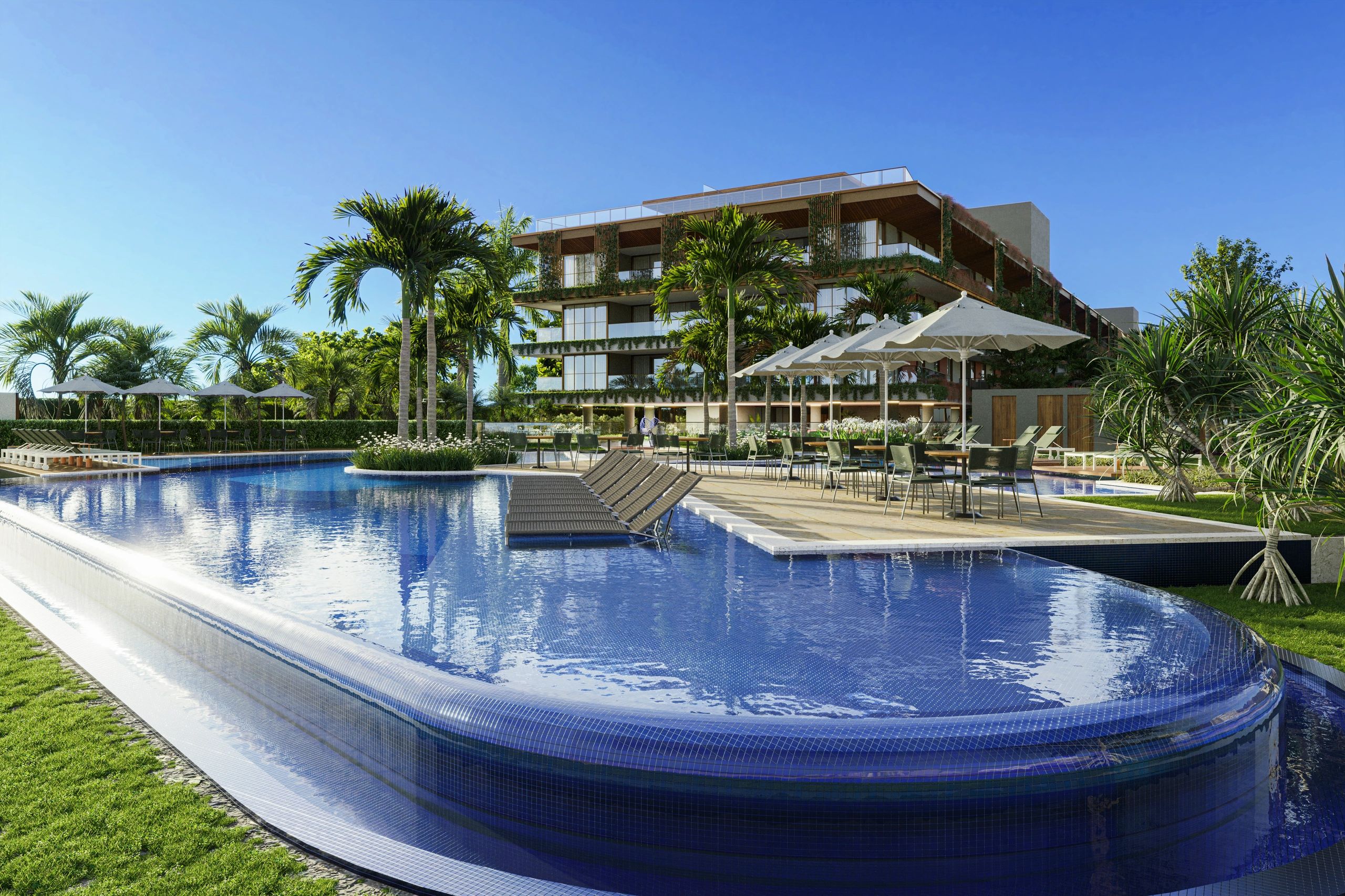 Modern resort pool area with palm trees and lounge chairs under clear blue sky.