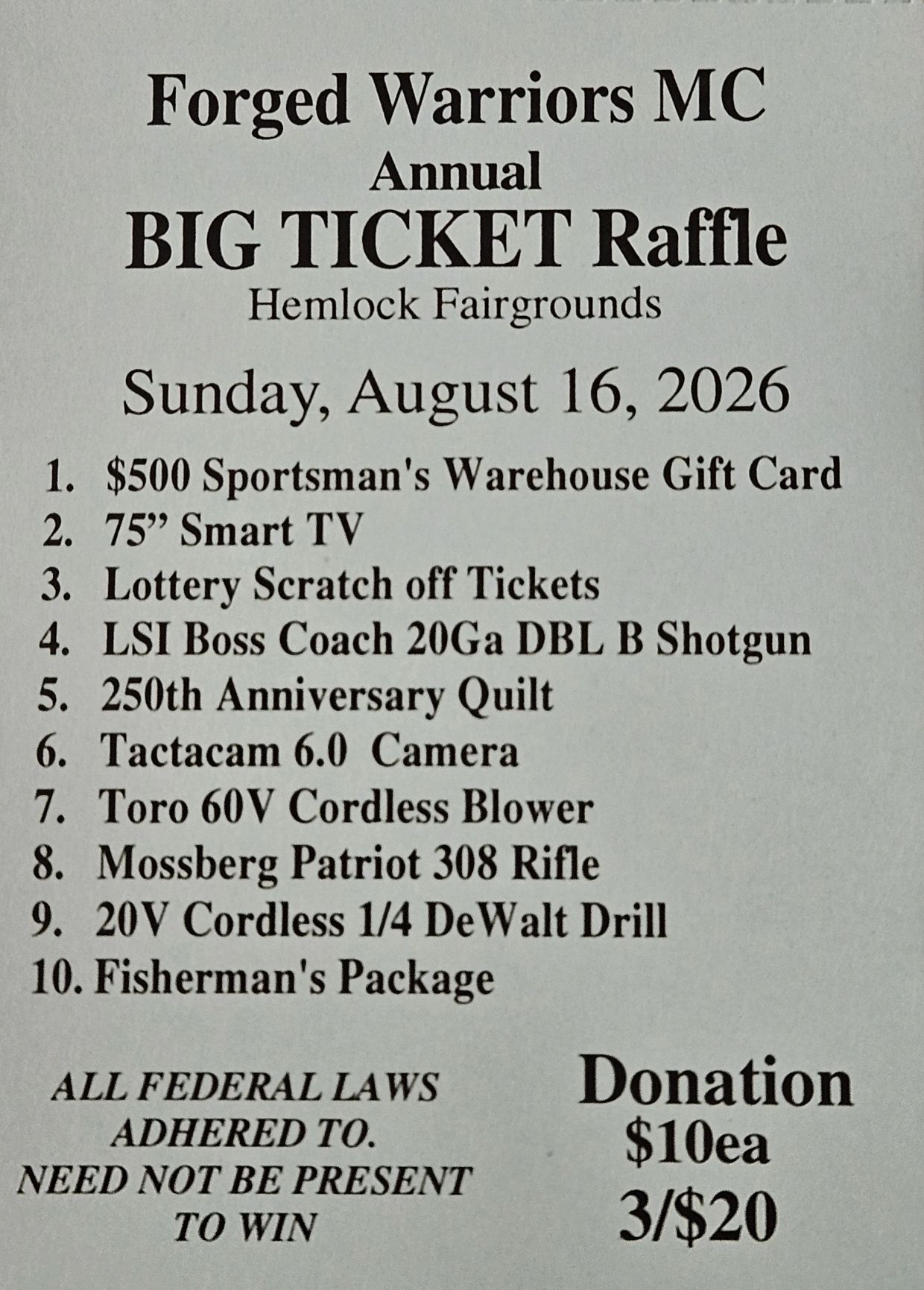 Forged Warriors MC Annual Big Ticket Raffle poster with prizes and donation details.
