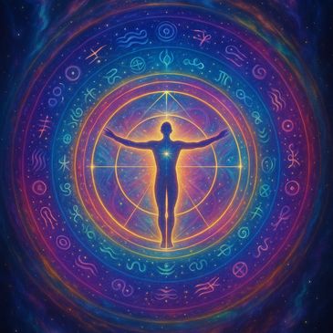 A glowing human figure surrounded by mystical zodiac symbols and cosmic energy.