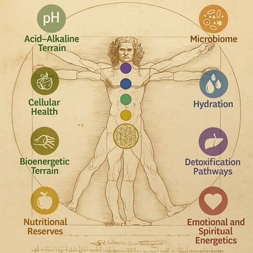 Diagram of human health factors including pH, microbiome, hydration, and more.