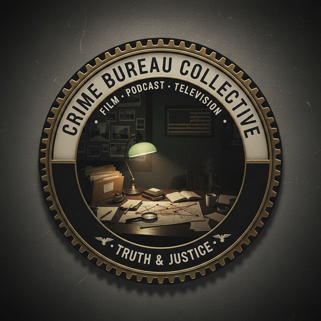 Crime Bureau Collective logo with detective desk scene inside.