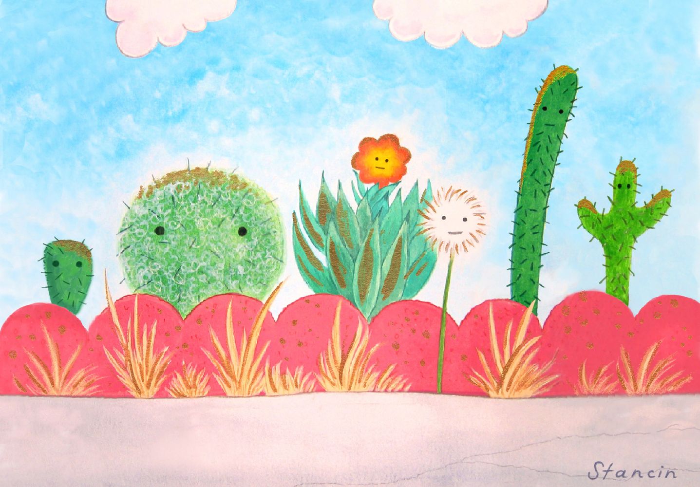 cute cactus garden cacti with eyes painting art greeting card by Los Angeles artist Camille Stancin