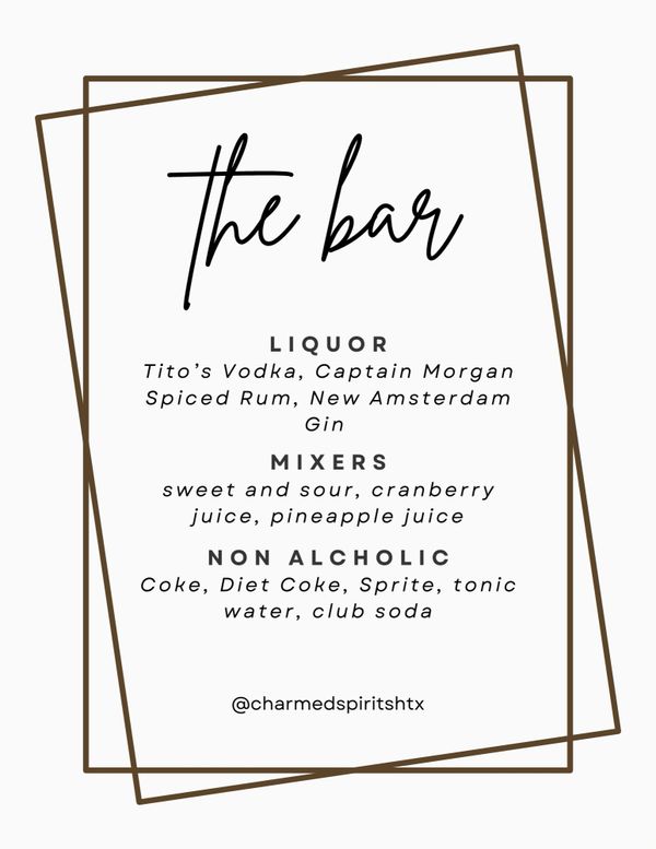 custom menu, Charmed Spirits, mobile bartending, cocktails, mocktails, bartending, mobile bar