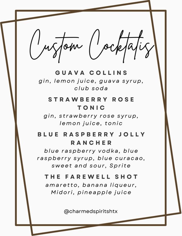 custom menu, Charmed Spirits, mobile bartending, cocktails, mocktails, bartending, mobile bar
