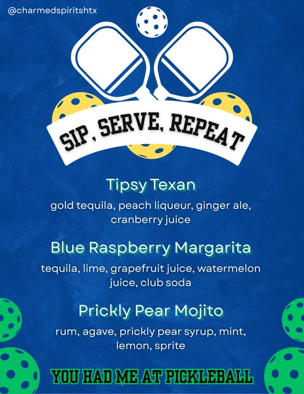 custom menu, Charmed Spirits, mobile bartending, pickleball, cocktails, mocktails, bartending,