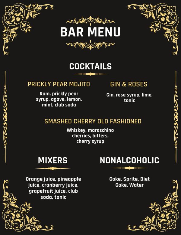 Mobile bartending menu with custom cocktails