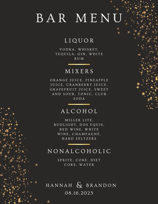 Mobile bartending menu for wedding, custom cocktails and mocktails