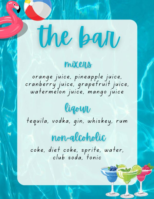 custom menu, Charmed Spirits, mobile bartending, pool party, cocktails, mocktails, bartending