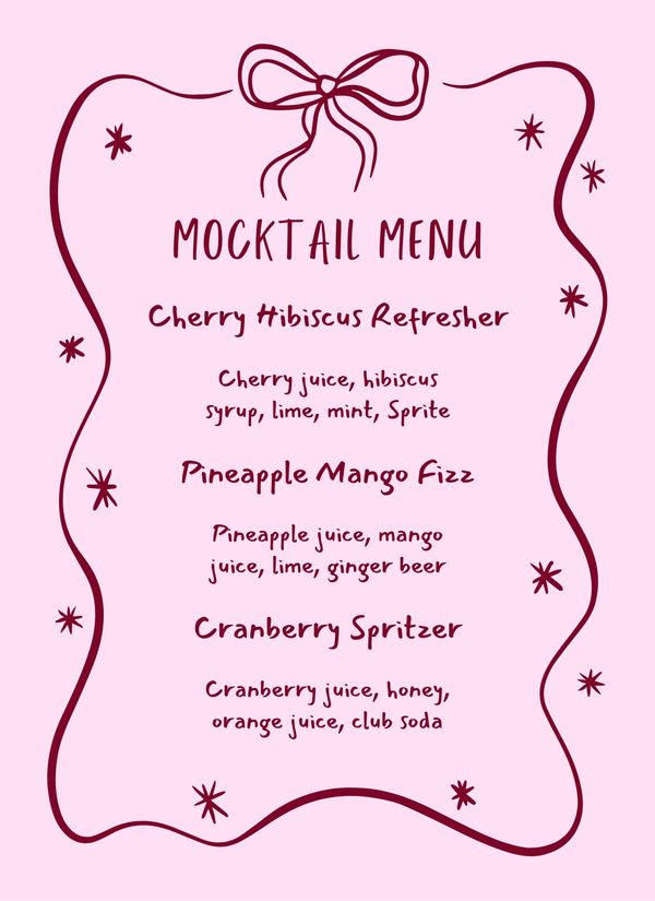 custom menu, Charmed Spirits, mobile bartending, cocktails, mocktails, bartending, mobile bar