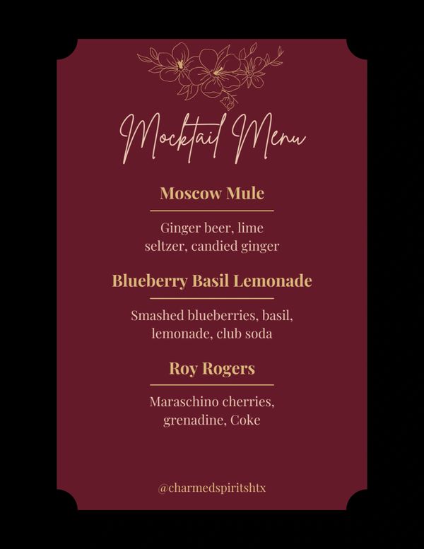custom menu, Charmed Spirits, mobile bartending, mocktails, bartending, mobile bar