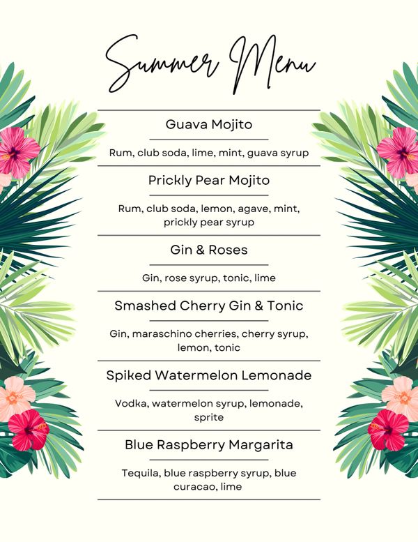 Mobile bartending menu with summer custom cocktails