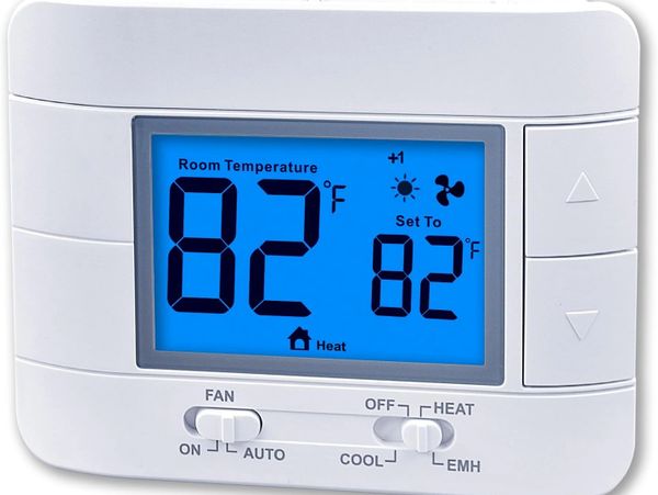 Digital thermostat showing room temperature and settings at 82°F.