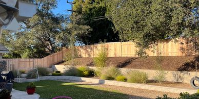 Sunny backyard with green lawn, wooden fence, and trees.