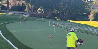 Person working on a golf putting green with several small flags.