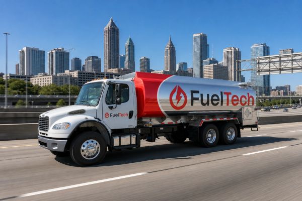 FuelTech branded fuel truck driving in city.