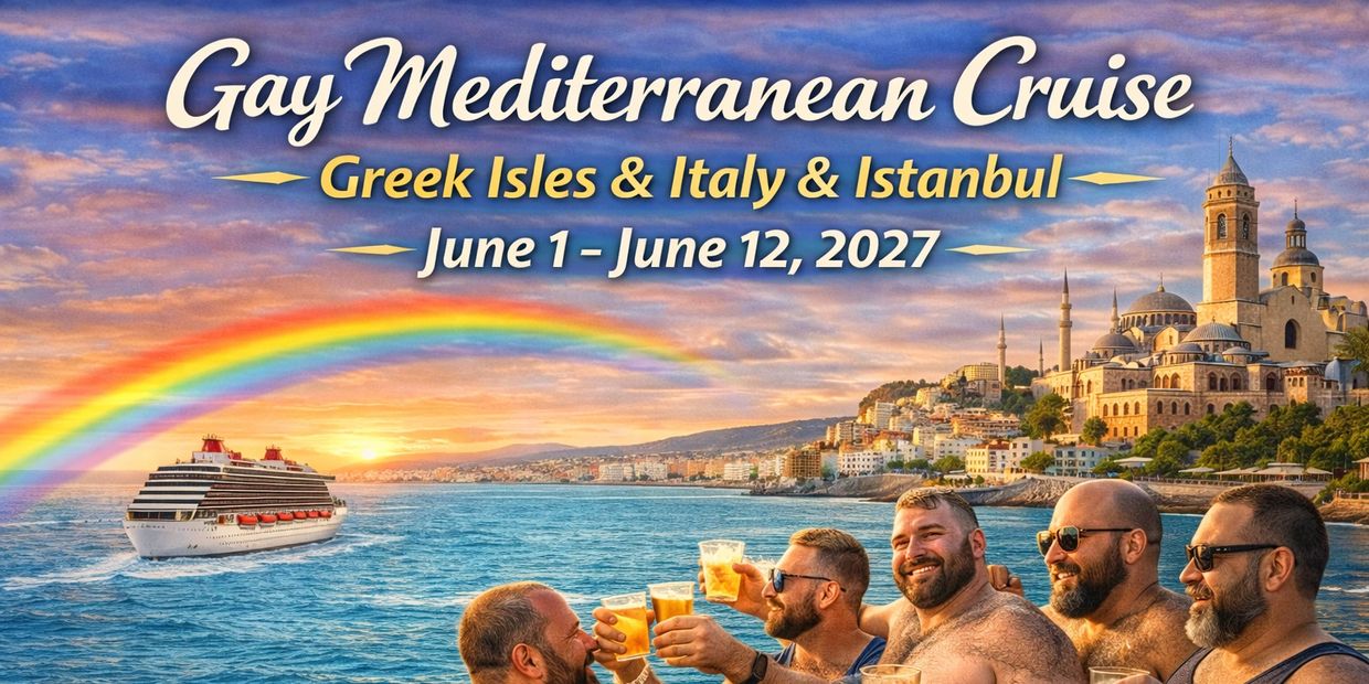 Guys enjoying their drinks by the seas on the Mediterranean Bear Cruise- mybearcruise.com