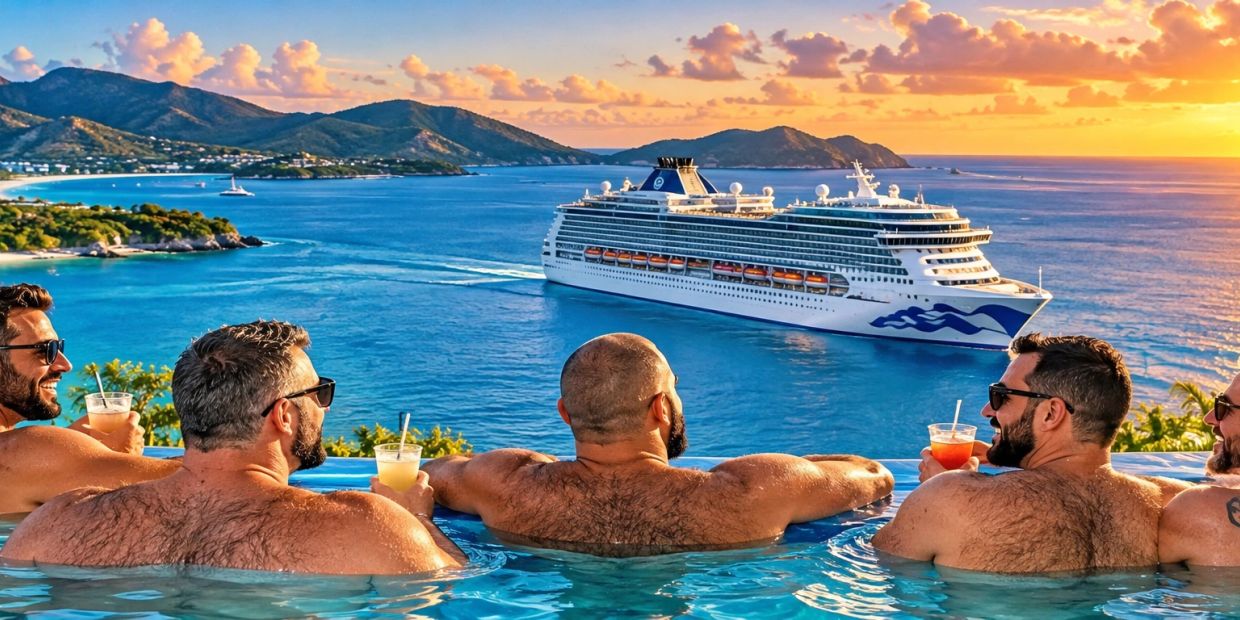 Men enjoying drinks in a pool with a cruise ship and sunset.