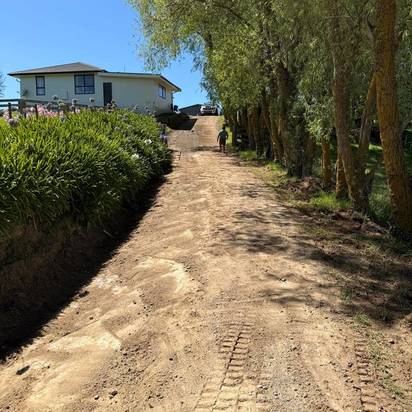 A dirt road leads uphill to a house with trees lining the right side.