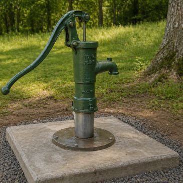A green hand water pump on a concrete base in a park.