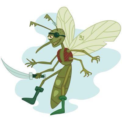 Cartoon pirate mosquito with eyepatch, sword, and boots.
